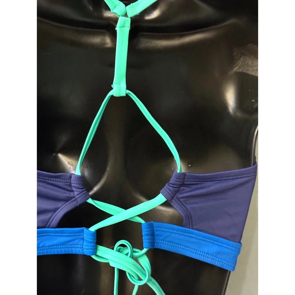 Title Nine Blue Colorblock Bikini Set 34D Underwire Top Sz M Bottoms
